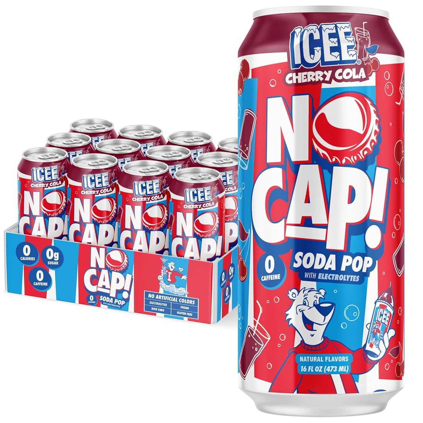 NO CAP! Next Gen Soda Pop Cherry Cola with Electrolytes for Hydration, Zero Sugar, Zero Calories, Caffeine-Free Soda, Vegan & Gluten-Free, 16 oz Cans (12-Pack)