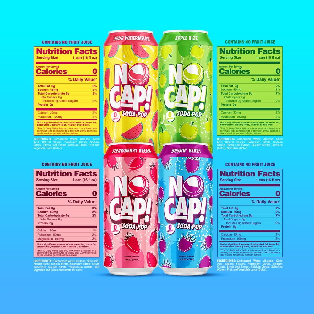 NO CAP! Next Gen Soda Pop with Electrolytes for Hydration, Zero Sugar, Zero Calories, Caffeine-Free Soda, Vegan & Gluten-Free, 16 oz Cans 12pk (Variety Pack)
