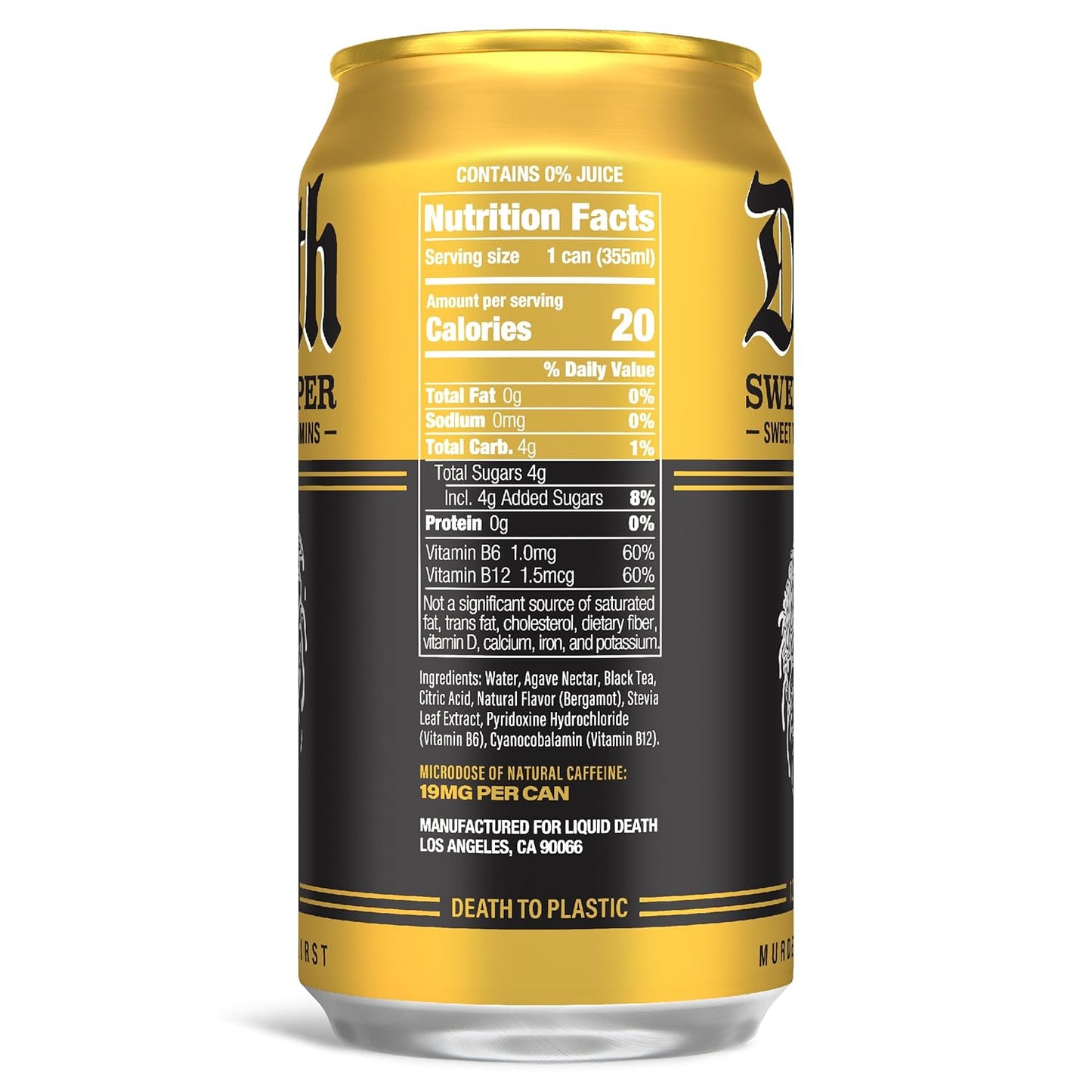Liquid Death Iced Tea - Sweet Reaper (Black Sweet Tea), Less Sugar*, Boost of Caffeine, B Vitamins, No Artificial Sweeteners, 12 Fl Oz (Pack of 12)
