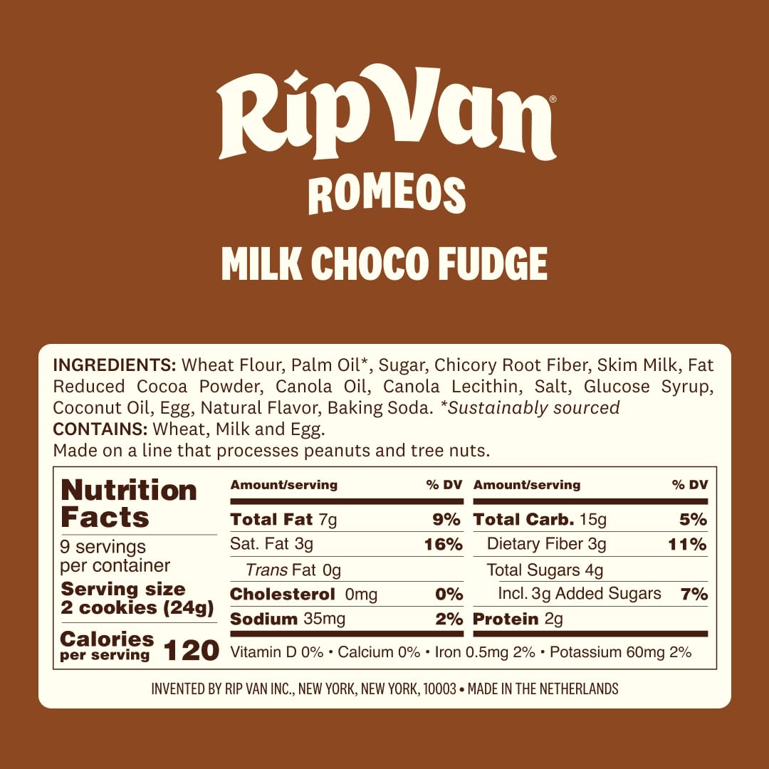 Rip Van Romeos Milk Choco Fudge Cookies - Low Sugar Cookies - Healthy Keto Snack - Individual 2 Packs (18 Count)