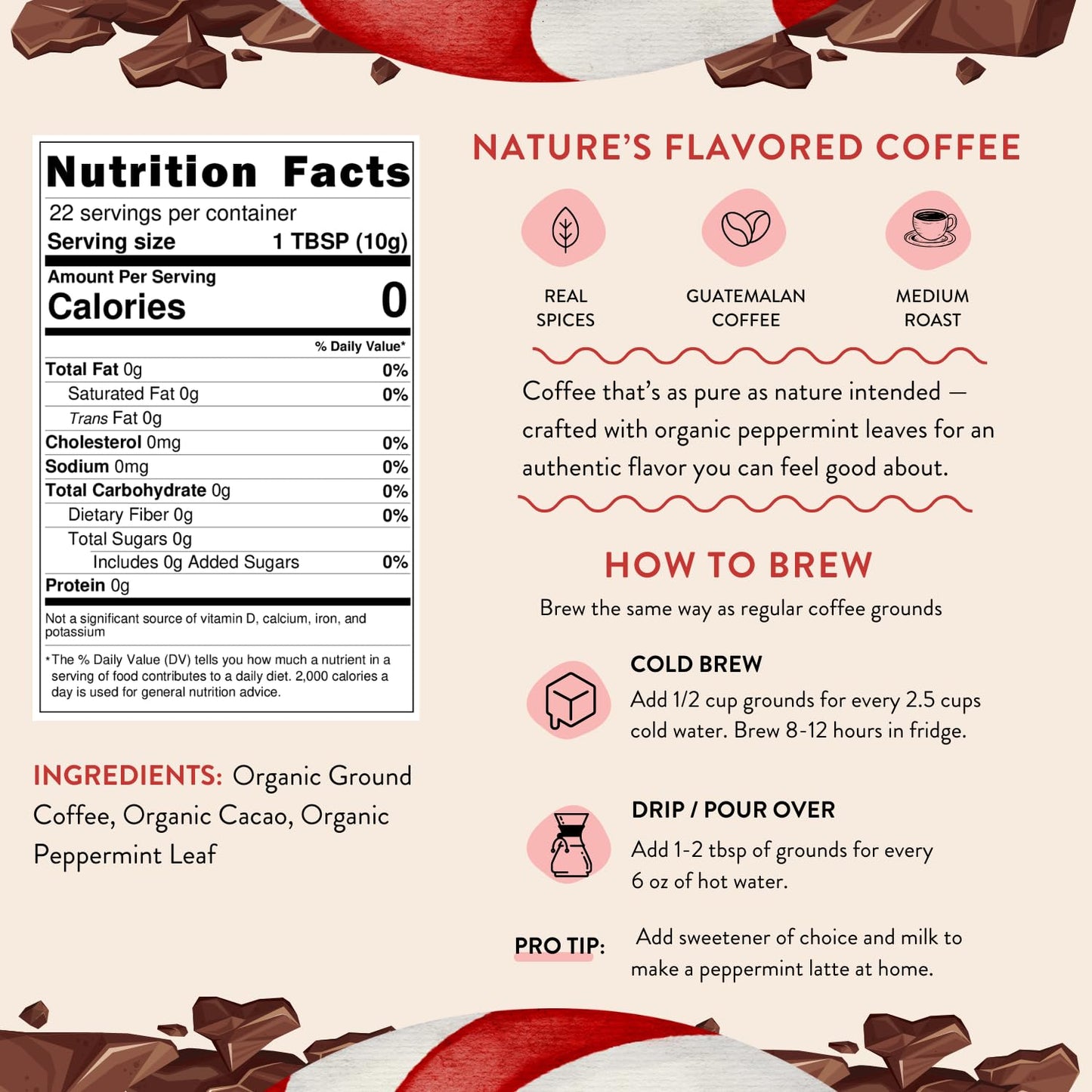 Organic Peppermint Mocha Ground Coffee - Real Peppermint & Cacao - Medium Roast, Flavored Coffee - Smooth Low-Acid - Perfect for Drip, Pour Over or Cold Brew - 8 oz, 22 Servings