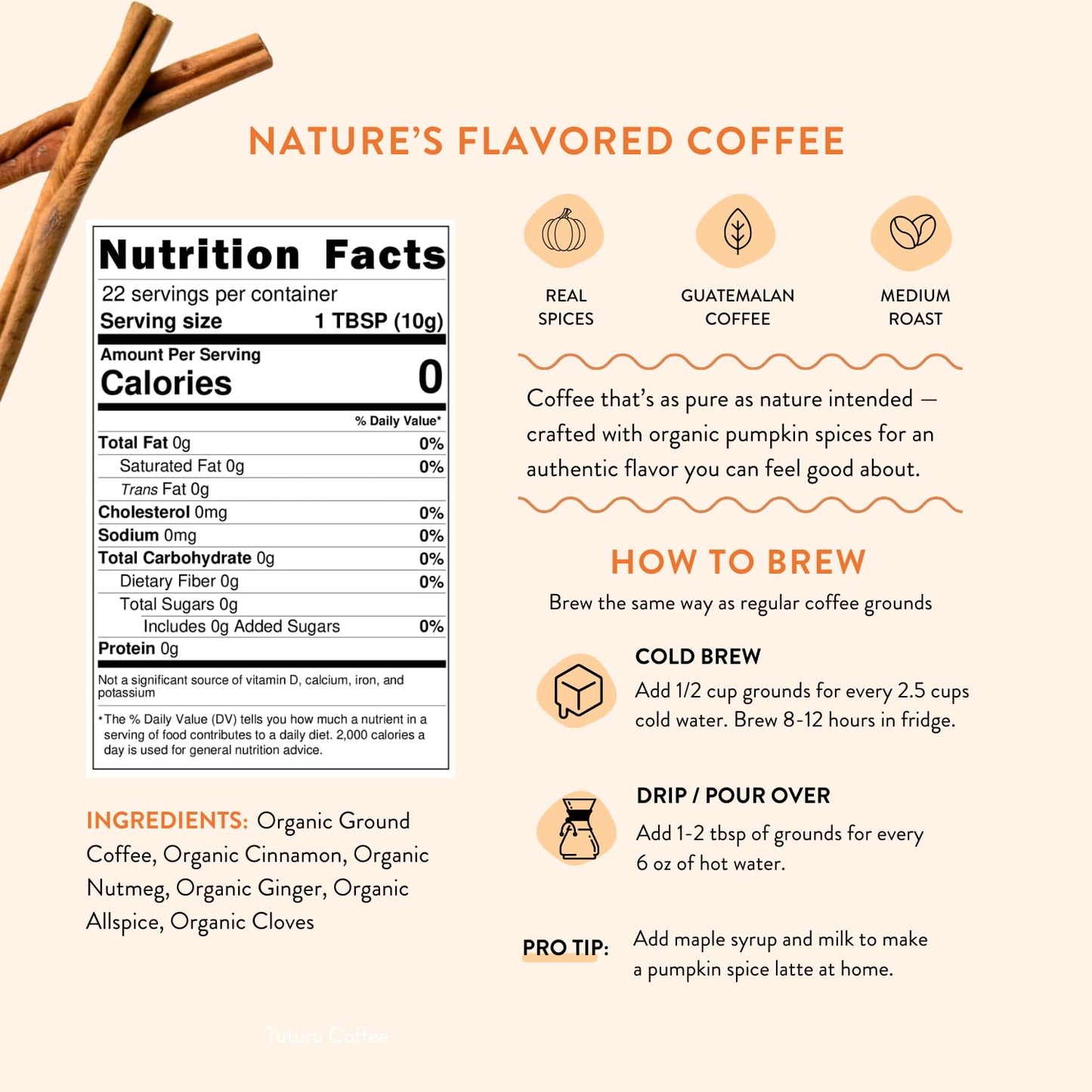 Organic Pumpkin Spice Ground Coffee | Real Pumpkin Spices | Medium Roast, Flavored Coffee | Smooth Low-Acid | Perfect for Drip, Pour Over or Cold Brew | 8 oz, 22 Servings