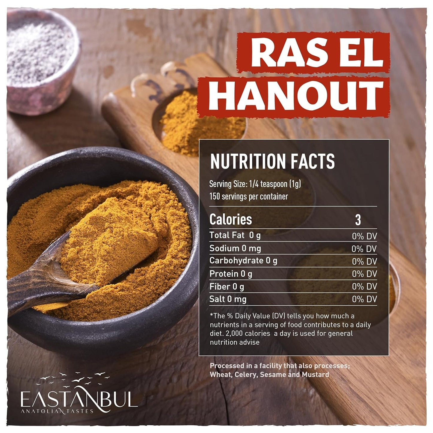 Eastanbul Ras El Hanout Spice, 5.3oz, Meat Seasoning, All-in-One Ras El Hanout Moroccan Spice Blend, North African Baharat Blend, Farm Fresh International Seasonings, Low Sodium, No MSG, No Filler
