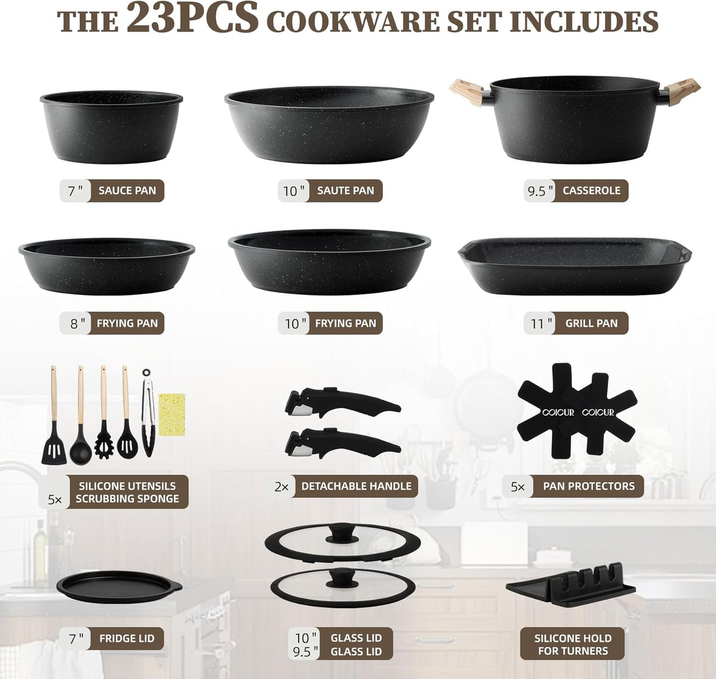 23PCS Ceramic Nonstick Cookware Set, Nonstick Detachable Handle Ceramic Cookware, Induction Kitchen Cooking Set with Removable Handle,include Frying Pans & Saucepans Oven Safe(Black)