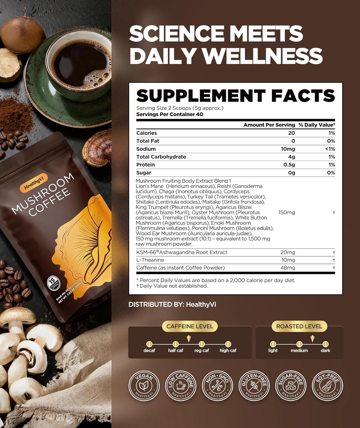 15 Mushroom Instant Coffee with Ashwagandha & L-Theanine – Medium Roast Arabica Mushroom Coffee for Focus, Energy, Mood & Gut Health – Vegan Low Acid Coffee Powder, 40 Servings