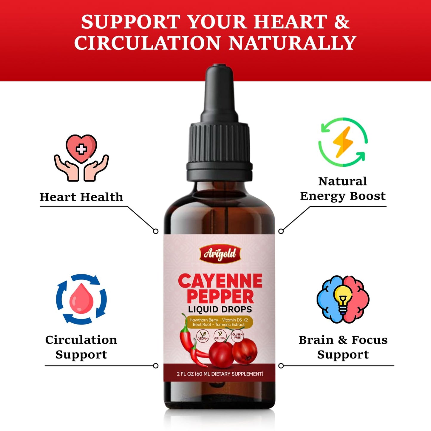 Arigold Cayenne Pepper Drops – Circulation & Energy Support Liquid Supplement with Hawthorn Berry, Beet Root, Turmeric, Vitamins D3 + K2, Ceylon Cinnamon, Berberine & Ginseng – Vegan, Non-GMO, 2 fl oz