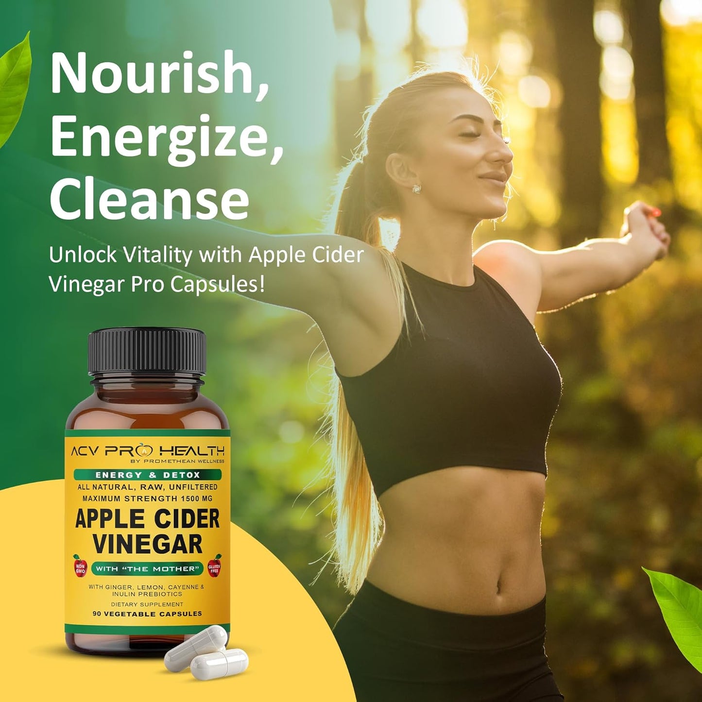 ACV Pro Apple Cider Vinegar Capsules Certified Organic with Mother ACV Pills Detox Cleanse Acid Reflux Relief Support Supplement Ginger Root Cayenne Pepper Powder
