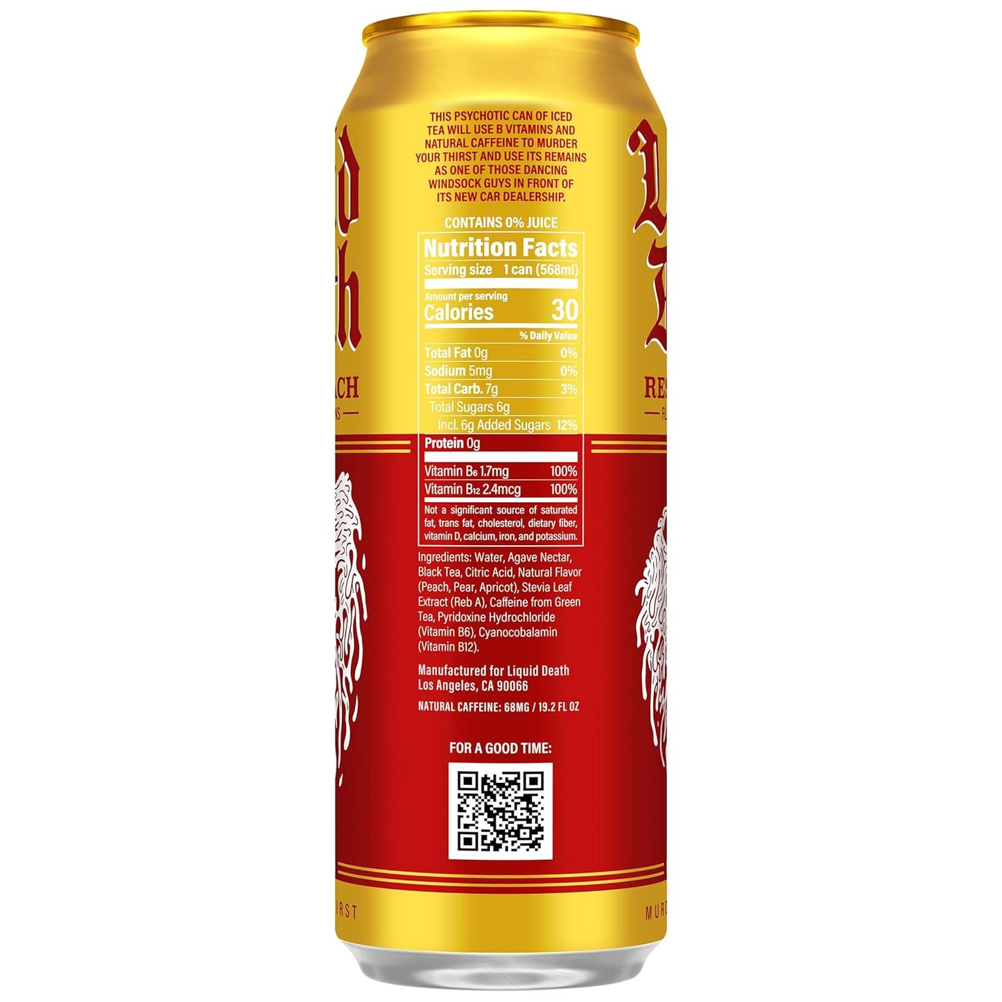 Liquid Death Iced Tea - Rest In Peach (Peach-Flavored Black Tea), Less Sugar, Boost of Caffeine, B Vitamins, No Artificial Sweeteners, King Size 19.2 Fl Oz (Pack of 12)