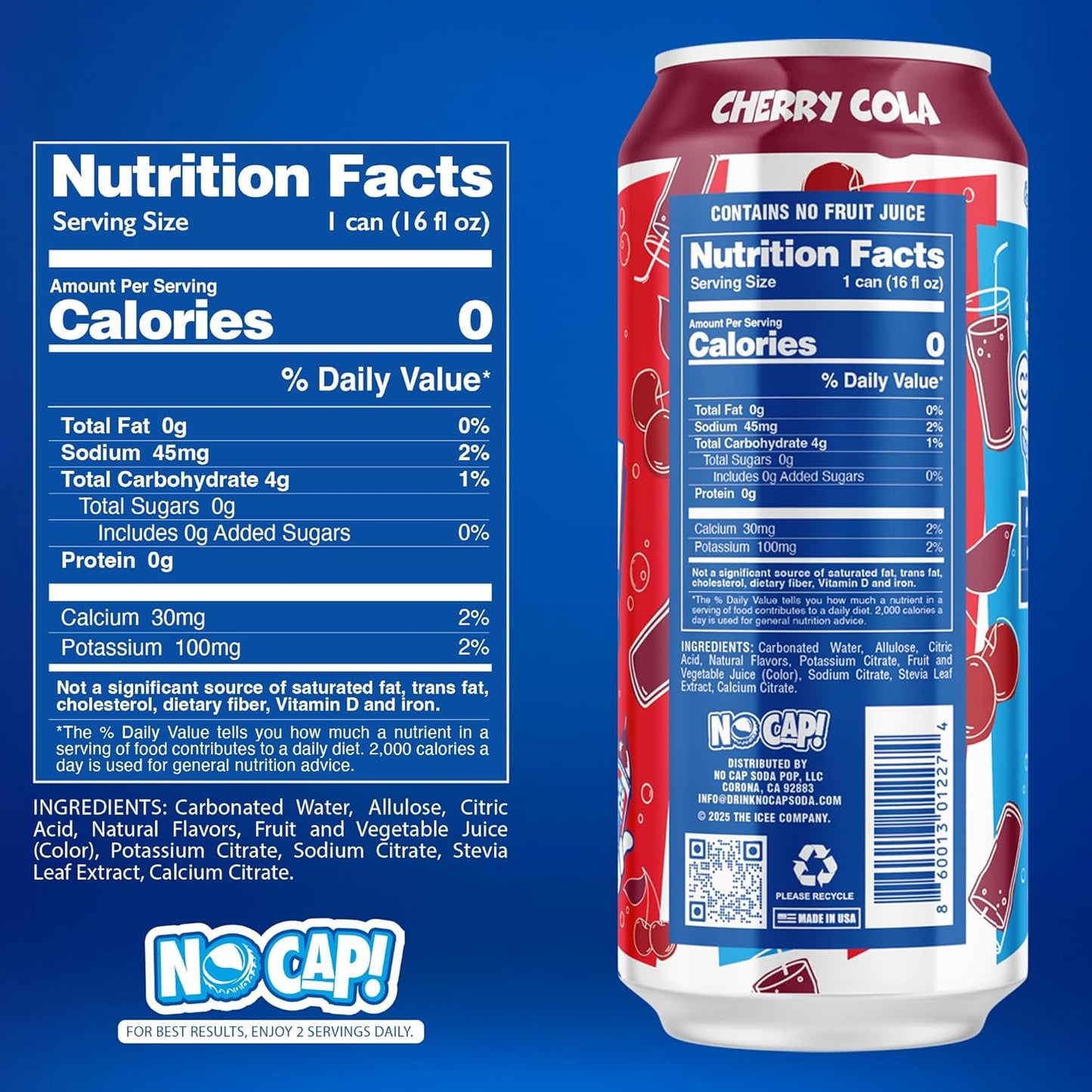 NO CAP! Next Gen Soda Pop Cherry Cola with Electrolytes for Hydration, Zero Sugar, Zero Calories, Caffeine-Free Soda, Vegan & Gluten-Free, 16 oz Cans (12-Pack)