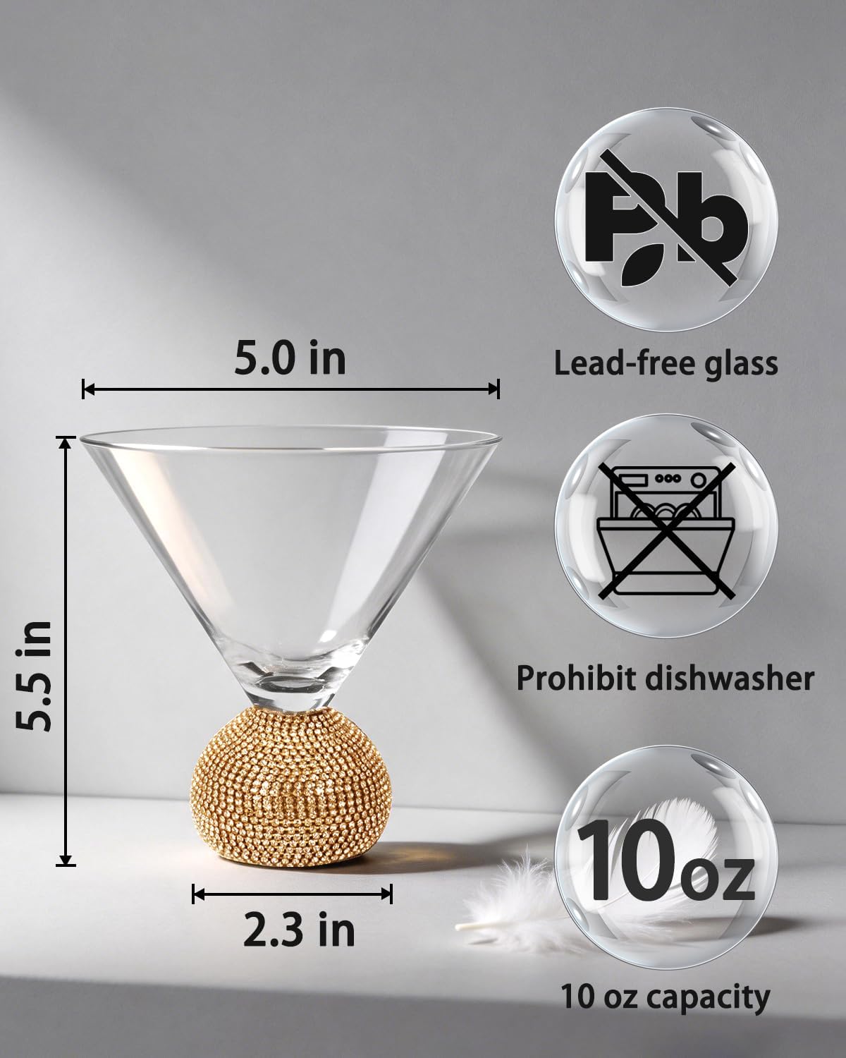 Luxury Stemless Martini Glasses Set of 4, 10 oz Crystal Cocktail Glasses with Gold Rhinestone Ball Base, Elegant Margarita, Cosmopolitan & Dessert Glasses for Parties, Weddings & Home Bar
