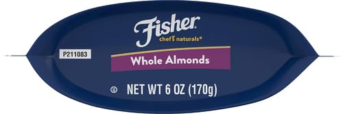 Fisher Chef’s Naturals Whole Almonds, 6 oz Resealable Bag, Unsalted Raw Nuts for Baking & Cooking, Healthy Snacks for Adults, Vegan Protein, Keto Snack, Gluten Free