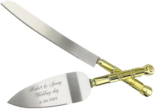 GIFTS INFINITY Personalized Wedding Cake Knife and Server Set Free Engraving Gold Bridal & Baby Shower, Anniversary, Birthday, Engagement, Sweet Sixteen - Valentine's Day Gift