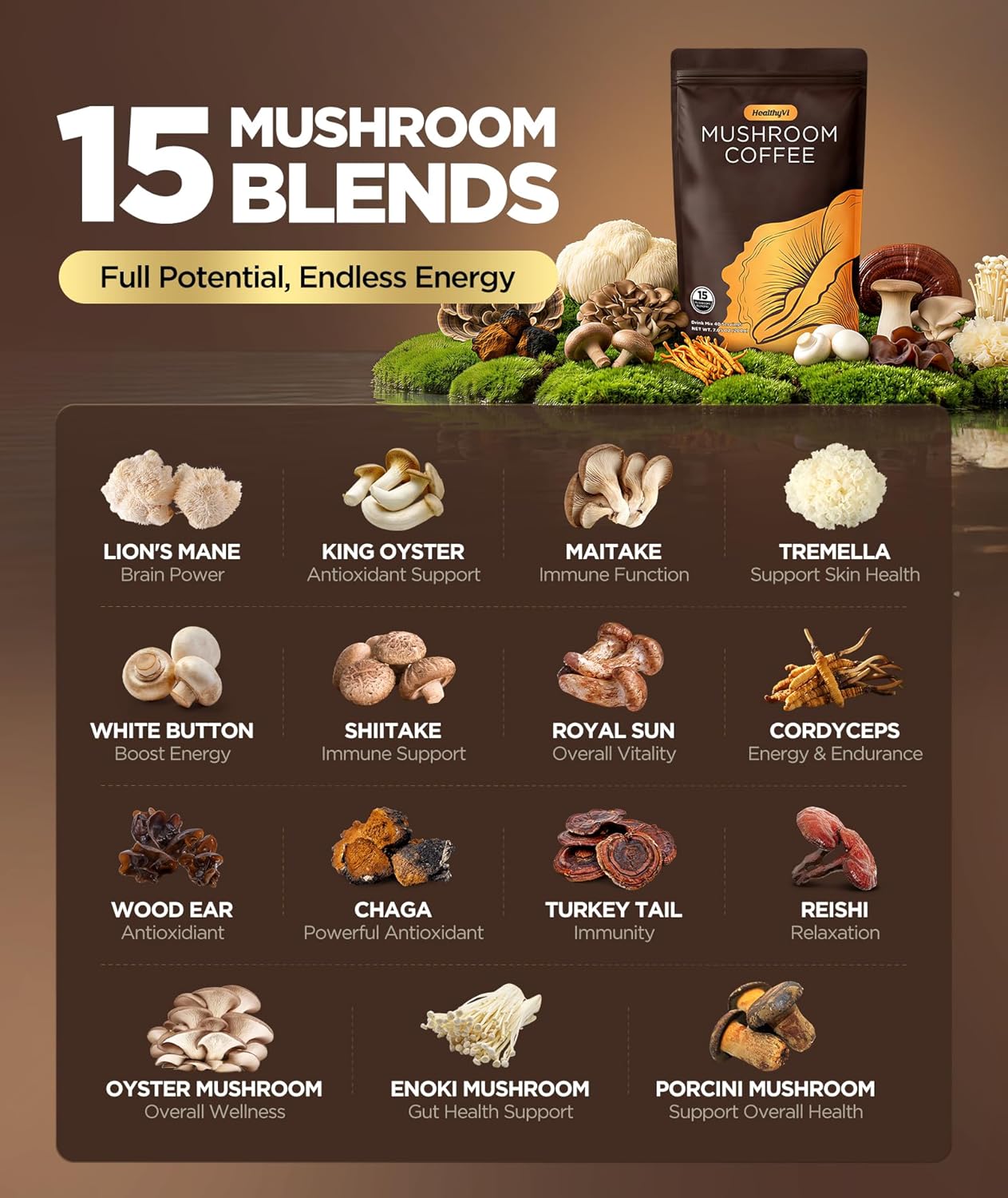 15 Mushroom Instant Coffee with Ashwagandha & L-Theanine – Medium Roast Arabica Mushroom Coffee for Focus, Energy, Mood & Gut Health – Vegan Low Acid Coffee Powder, 40 Servings