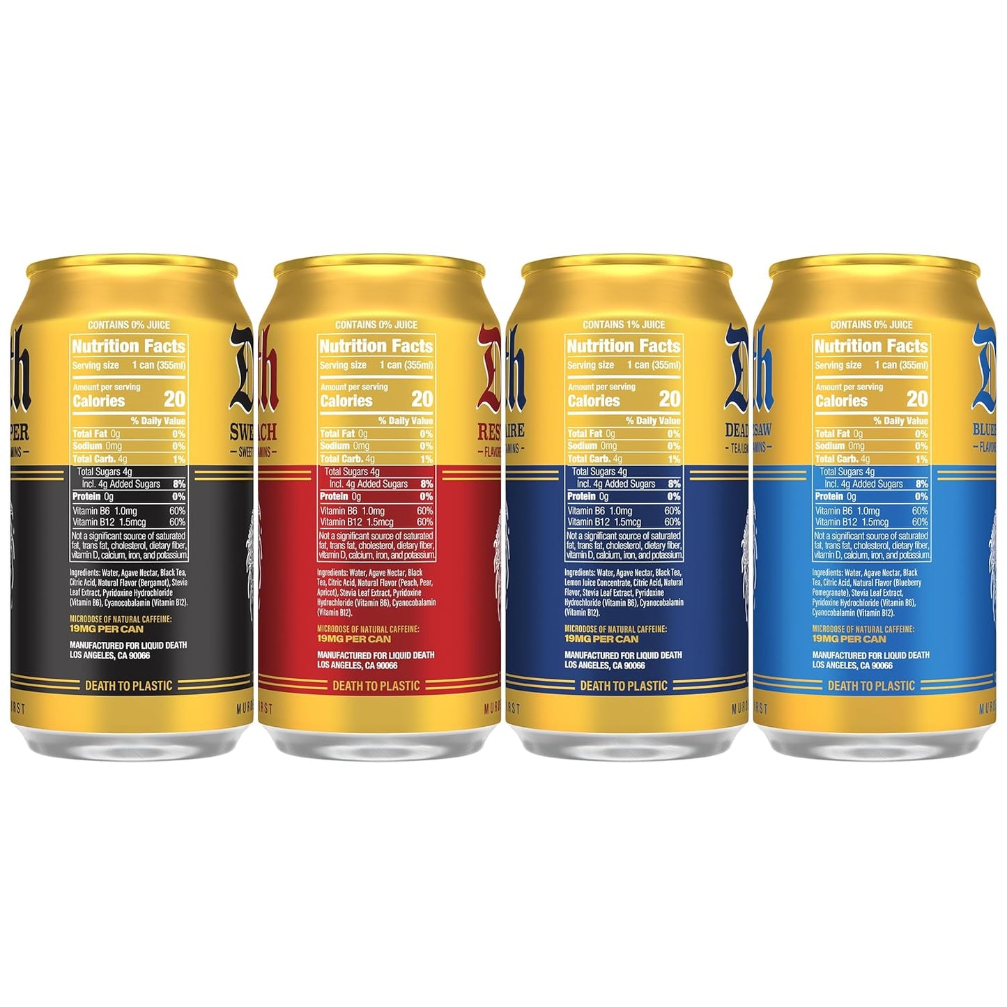Liquid Death Iced Tea - Variety, Less Sugar*, Boost of Caffeine, B Vitamins, No Artificial Sweeteners, 4 Flavors: Tea/Lemonade, Rest in Peach, Sweet Reaper, Blueberry Buzzsaw, 12 Fl Oz (Pack of 12)