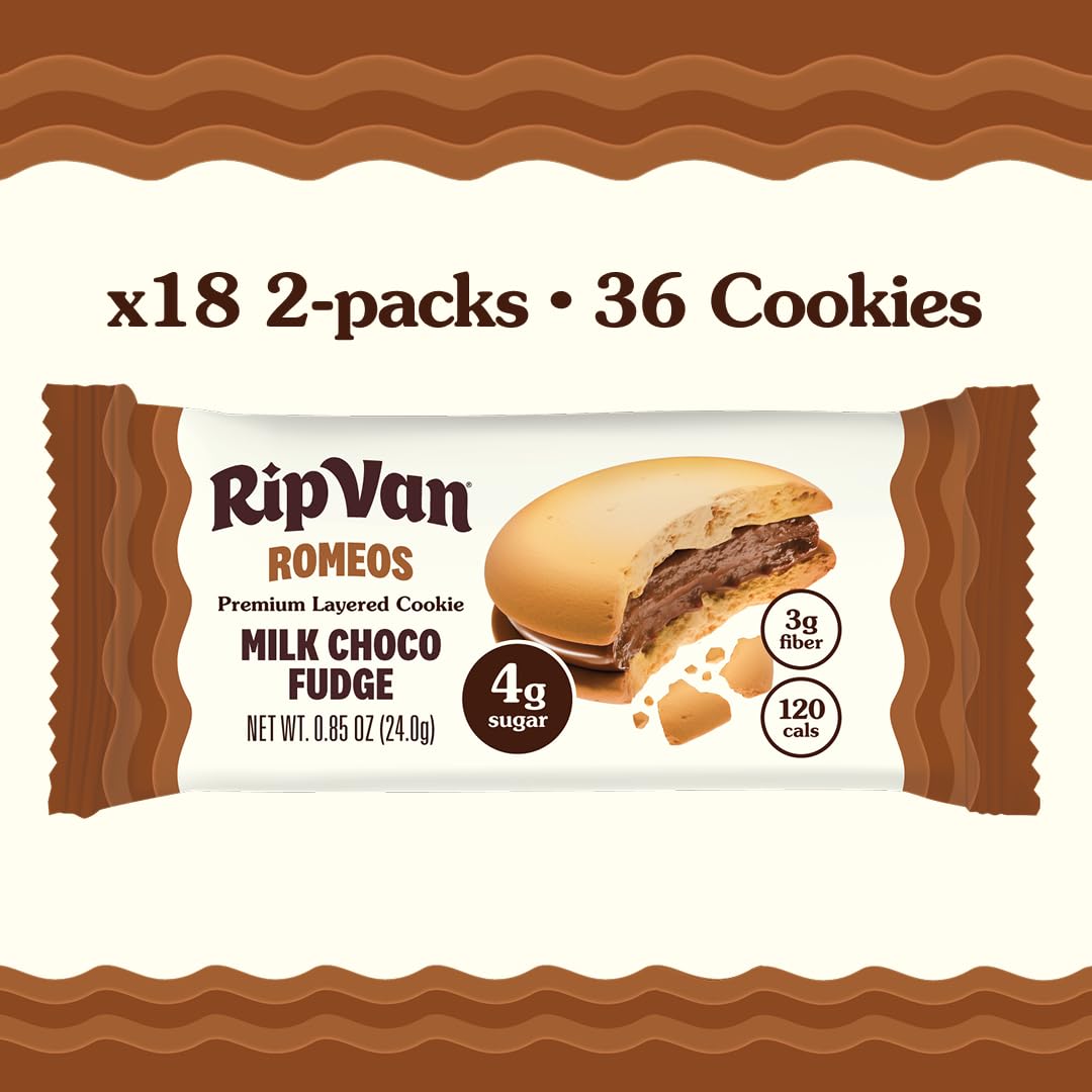 Rip Van Romeos Milk Choco Fudge Cookies - Low Sugar Cookies - Healthy Keto Snack - Individual 2 Packs (18 Count)