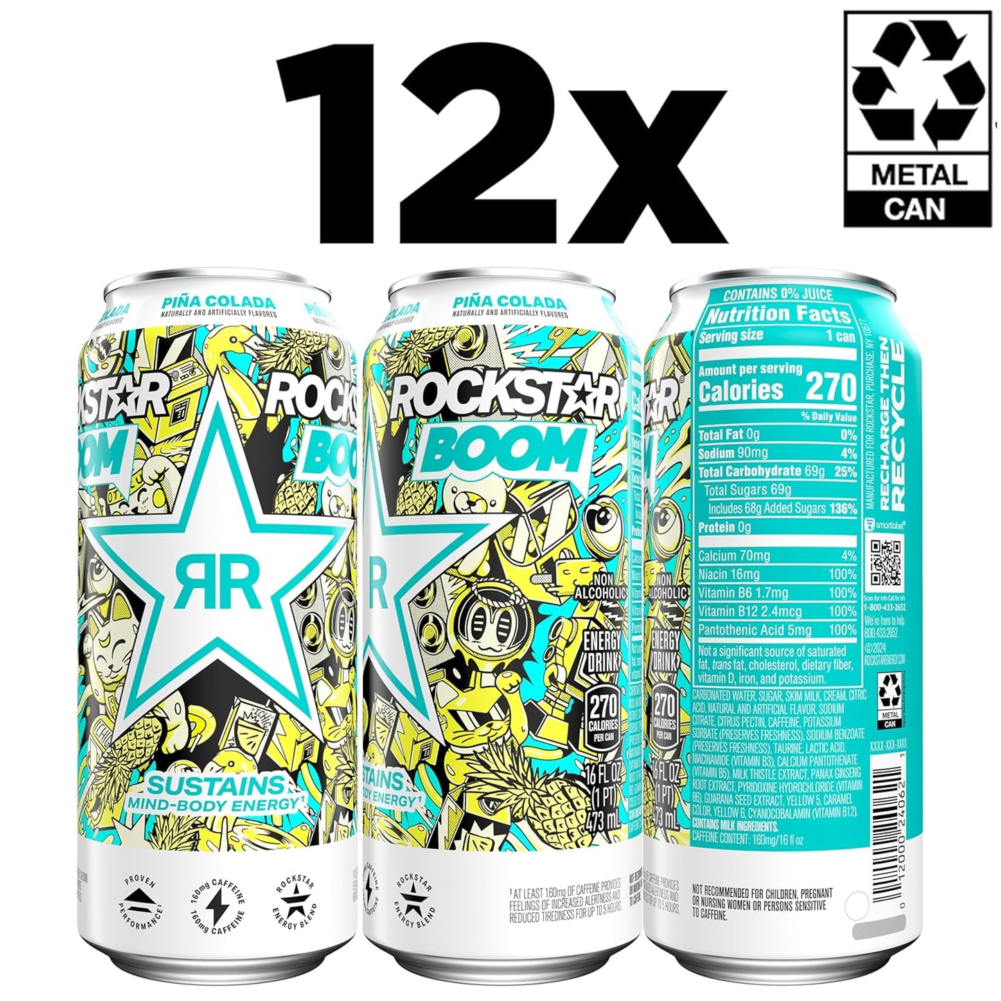 Rockstar Boom Piña Colada Energy Drink 16 oz (12 Pack) – Tropical Flavor Energy Drink