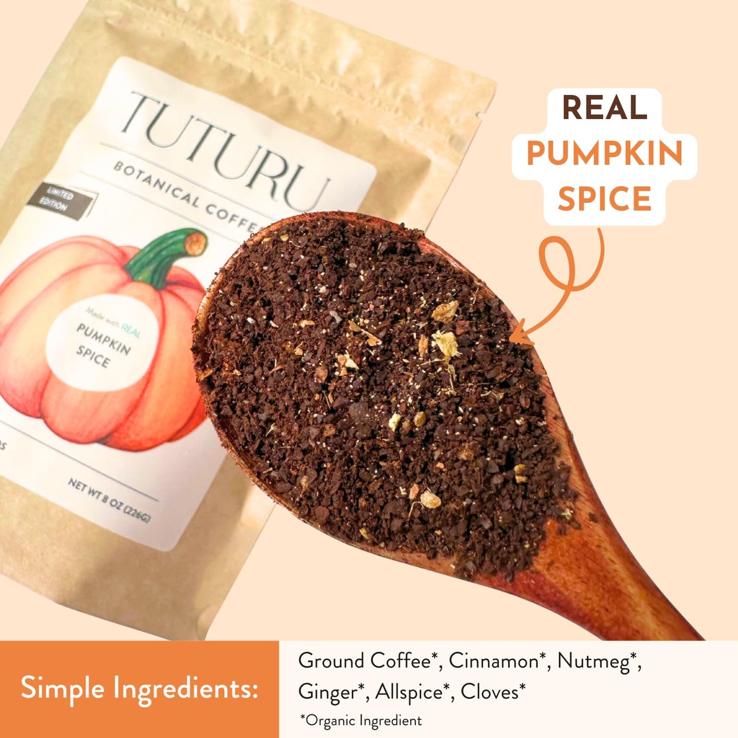 Organic Pumpkin Spice Ground Coffee | Real Pumpkin Spices | Medium Roast, Flavored Coffee | Smooth Low-Acid | Perfect for Drip, Pour Over or Cold Brew | 8 oz, 22 Servings