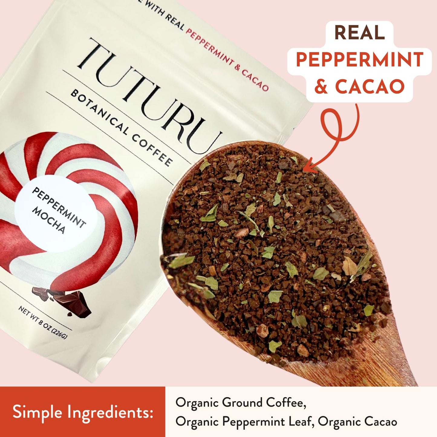 Organic Peppermint Mocha Ground Coffee - Real Peppermint & Cacao - Medium Roast, Flavored Coffee - Smooth Low-Acid - Perfect for Drip, Pour Over or Cold Brew - 8 oz, 22 Servings