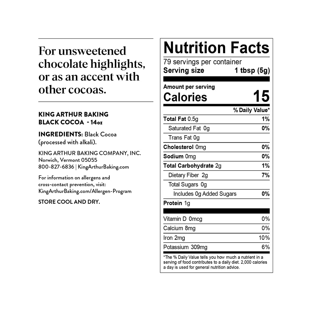 King Arthur Black Cocoa Powder, Dutch Processed Cocoa for Baking, Intense Dark Chocolate Flavor, Unsweetened, 14oz Resealable Bag