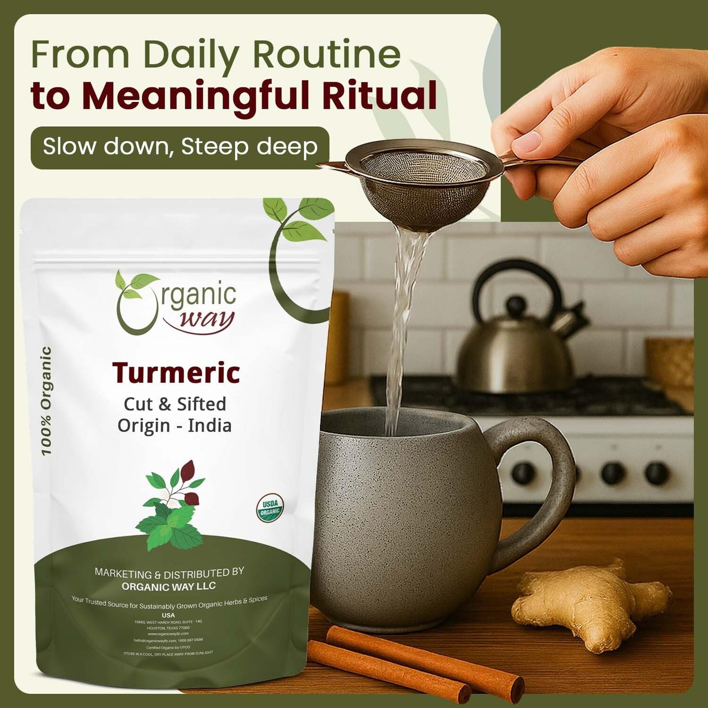 Organic Turmeric Root Cut & Sifted Herbal Tea – USDA Organic, Vegan, Non-GMO & Gluten Free Dried Haldi Root for Tea, Herbal Blends & Cooking – Tested for Heavy Metals (4 oz)