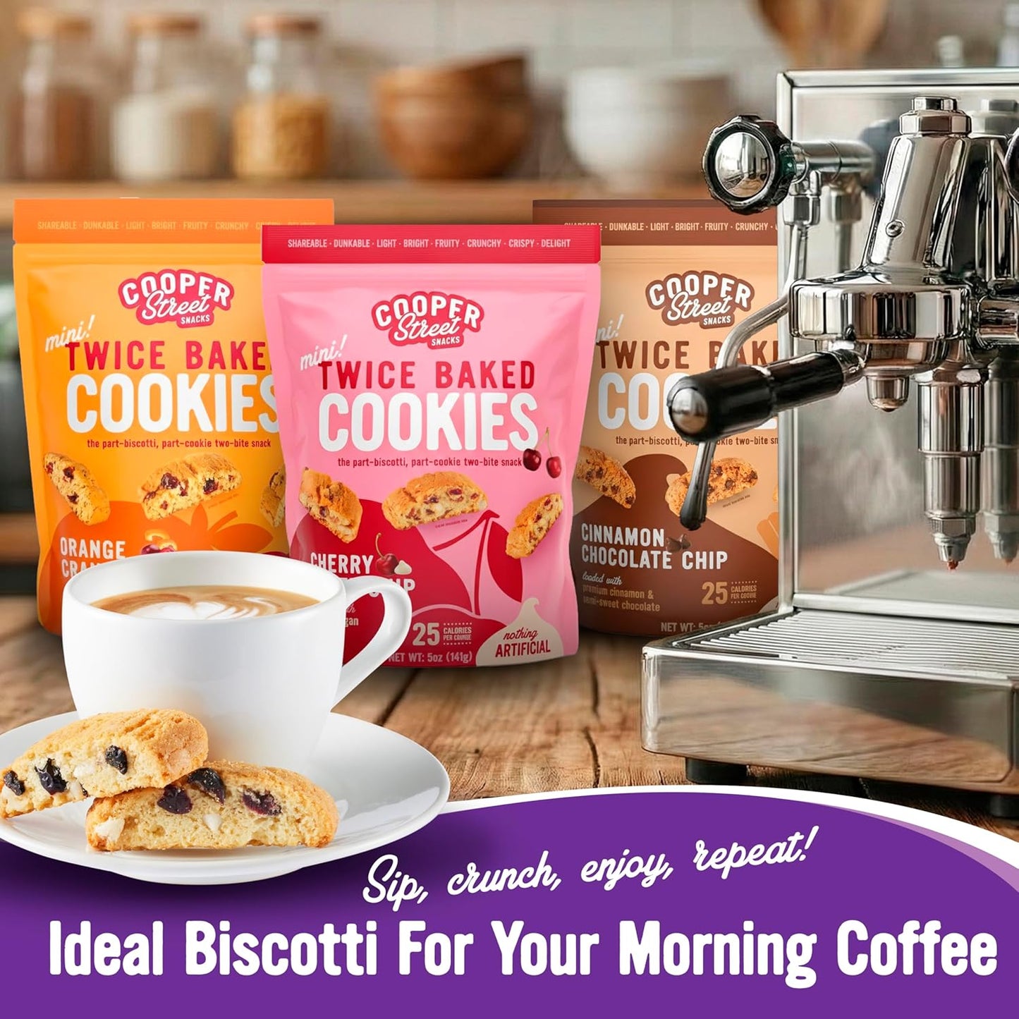 Cooper Street Twice Baked Biscotti Cookies Variety Pack - 5 Pack (5oz Each) - Light and Crispy Coffee Cookies 5 Flavors Assortment - Low-Calorie Snacks for Adults & Kids - Dairy & Peanut Free, Kosher