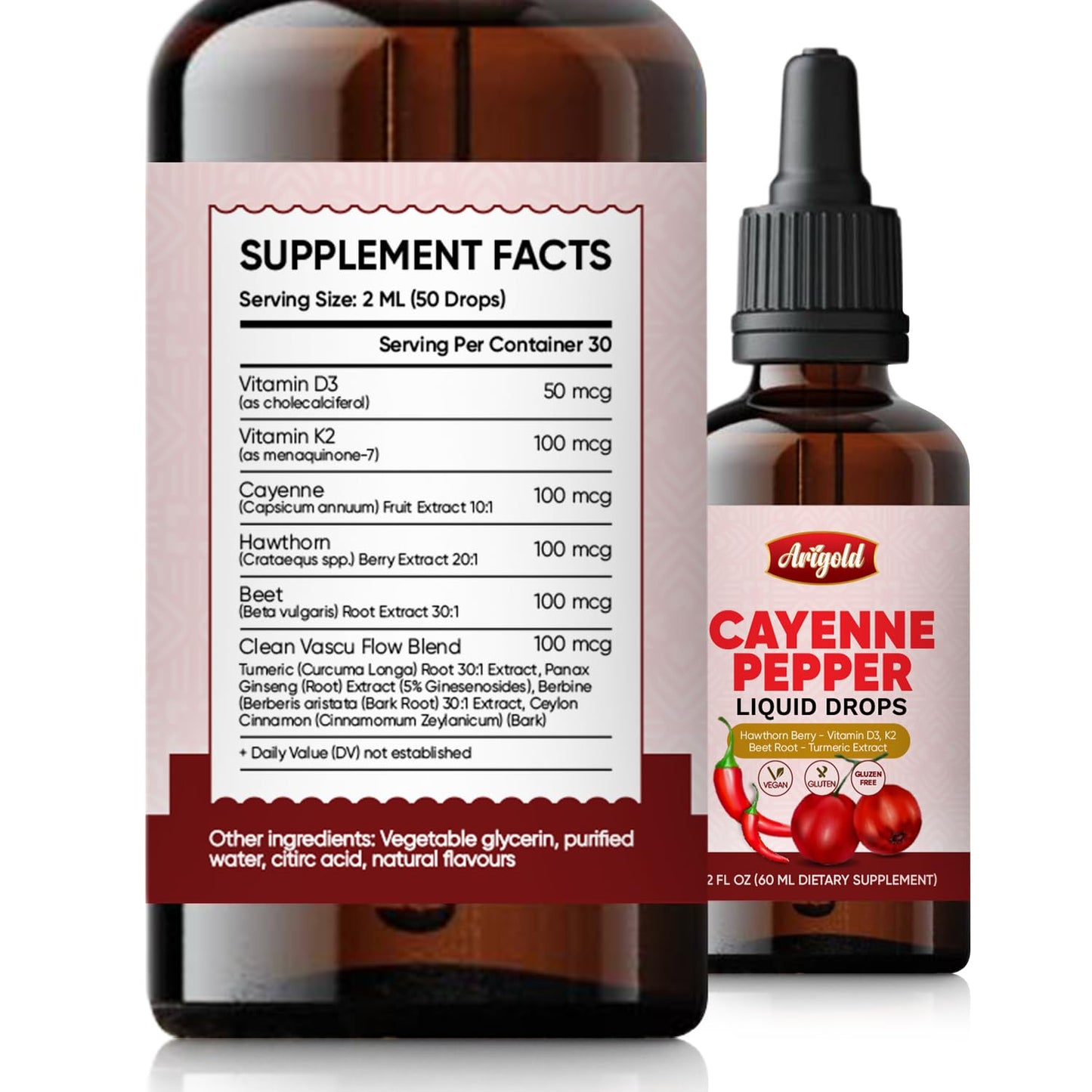 Arigold Cayenne Pepper Drops – Circulation & Energy Support Liquid Supplement with Hawthorn Berry, Beet Root, Turmeric, Vitamins D3 + K2, Ceylon Cinnamon, Berberine & Ginseng – Vegan, Non-GMO, 2 fl oz