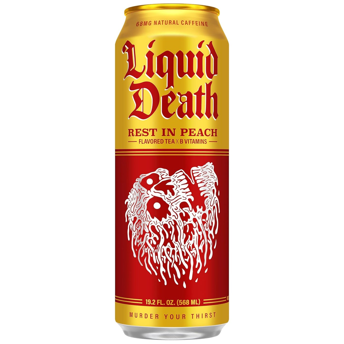 Liquid Death Iced Tea - Rest In Peach (Peach-Flavored Black Tea), Less Sugar, Boost of Caffeine, B Vitamins, No Artificial Sweeteners, King Size 19.2 Fl Oz (Pack of 12)