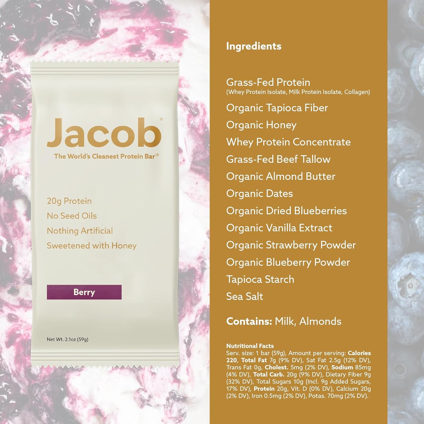 Jacob Bar, Protein Bars, Mixed Berry (9 Bars Total) - 20g Grass-Fed Protein, No Seed Oils, Nothing Artificial