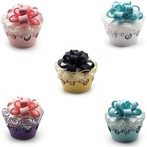 KPOSIYA Cupcake Wrappers 100 Pack Cupcake Wraps in 5 Colors Filigree Artistic Bake Cake Paper Cup Little Vine Laser Cut Liner Baking Cups Holder for Wedding Party Birthday Decoration (Style 2)