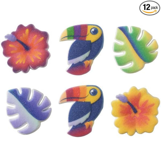 Tropical Plants and Toucan Shape Edible Sugar Decoration Toppers, 12 Count