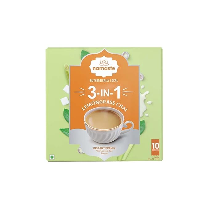 Namaste Chai Lemongrass Tea Powder Sachet | Assam Tea With Milk and Sugar | Instant Premix | 22g x 10 Sachets