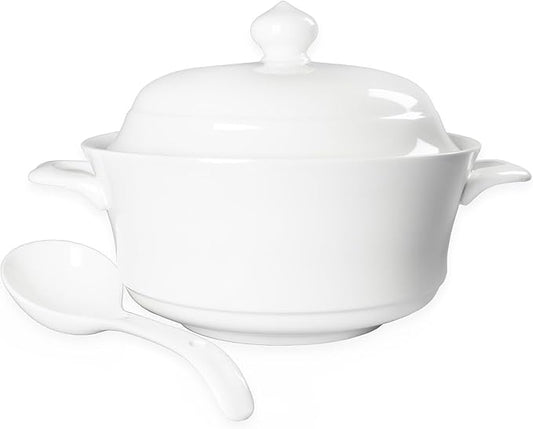 Casserole dish with Lid and soup spoon, Ceramic Serving Soup Tureen, 1.8 QT White French Serving Tureen, Lovely Soup Pot for Pasta Noodles Stew, Casserole Cookware Microwave Dishwasher Safe