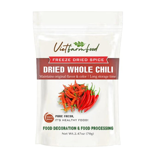 DRIED WHOLE CHILI 2.47 Oz (70g) VIETFARMFOOD: Pure, natural freeze-dried spice made from real vegetables and fruits - perfect for enhancing every meal, from cooking, baking, salads, soups, sauces