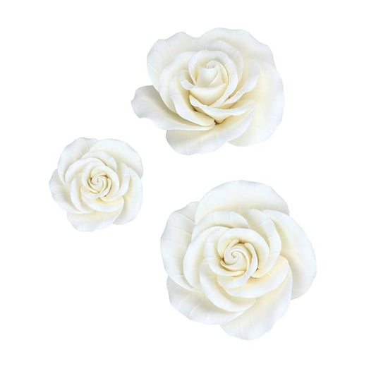 O'Creme Garden Roses Gumpaste Flower Set - White Edible Flowers for Cake Decorating - Sugar Paste Flowers for Cakes, Candy, Cupcake Toppers - Birthday, Wedding, Valentines, Baby Shower