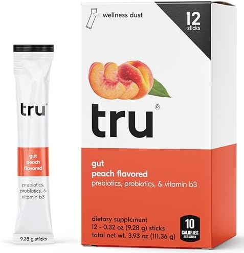 Tru Gut Powder, Prebiotics and Probiotics for Digestive Health, Peach Flavored Gut Health Drink Mix with Vitamin B3, Sweetened with Monk Fruit & Stevia, Caffeine Free, Gluten Free, Vegan, 12 Packets