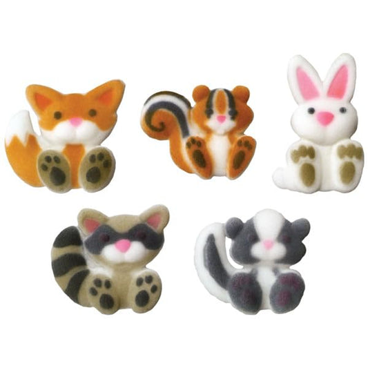 Woodland Animals - Skunk, Fox, Bunny, Chipmunk, and Raccoon Edible Sugar Cake Toppers, 12 Count