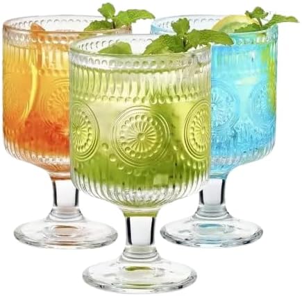 Vintage Goblet Glasses Set of 3, 8oz Embossed Floral Wine Glasses, Clear Glass Cups for Tea, Wine, Beer, or Cocktails (Set of 3)