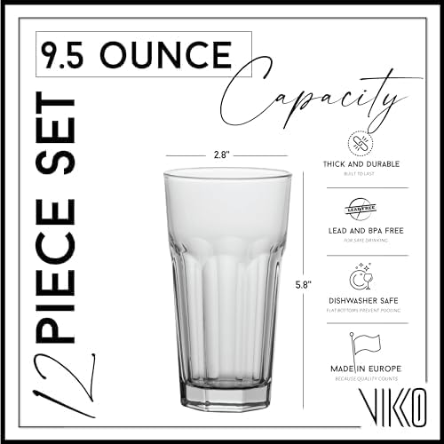 Vikko Drinking Glasses, Set of 12 Juice Glasses 9.5 Oz, Thick and Sturdy Kitchen Glasses, Dishwasher Safe Highball Glass Tumbler, Heavy Duty Cups, Water Glasses