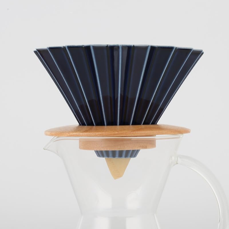 Goodening Ceramic Coffee Dripper Pour Over Coffee Maker with Wood Stand Elegant Flower Shape Filter