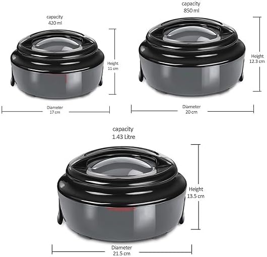 Casserole Ernesto Inner Stainless Steel Jr. Casserole Set of 3 (420 ml, 850 ml, 1.43 litres), Grey | Easy to Carry | Serving | Stackable