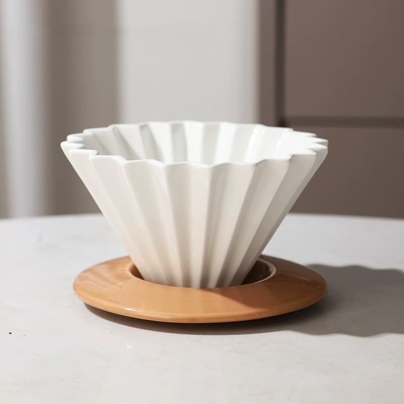 Goodening Ceramic Coffee Dripper Pour Over Coffee Maker with Wood Stand Elegant Flower Shape Filter
