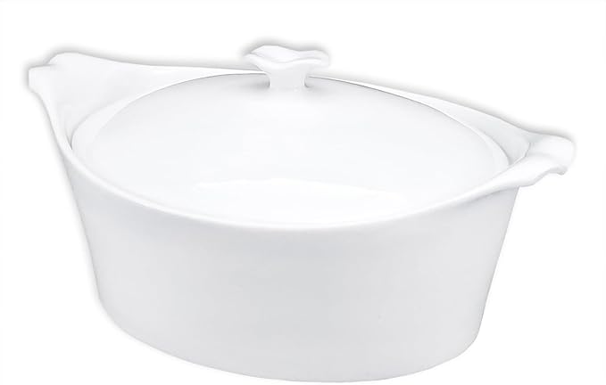 8.7" x 6.7" Ceramic Oval Casserole Dish with Lids,1.6 Qt White French Serving Soup Tureens, Baking Dish with Handle 11.3 IN, for Casseroles, Lasagna Cookware Set, Microwave, Oven Safe