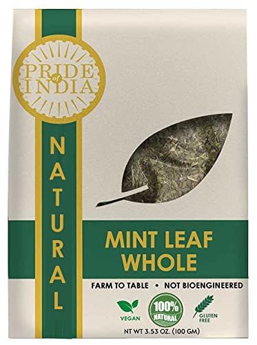 Pride of India ??Mint Leaf Whole ??Cut & Sifted for Convenience of Use ??Good for Culinary Uses ??Ideal for Tea/Beverages ??Easy to Store ??3.53 oz. Resealable Pouch Pack