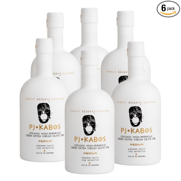 P.J. KABOS 2024/25 Harvest, High Phenolic (500+mg/kg), USDA Organic Greek Extra Virgin Olive Oil, Kosher, Greece, Cold Extracted, 6 x 16.9 oz, Koroneiki, "Family Reserve Organic -Medium"