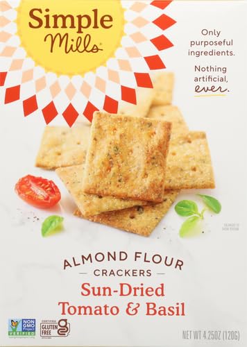 Simple Mills Almond Flour Crackers, Sundried Tomato & Basil - Gluten Free, Vegan, Healthy Snacks, Plant Based, 4.25 Ounce (Pack of 2)