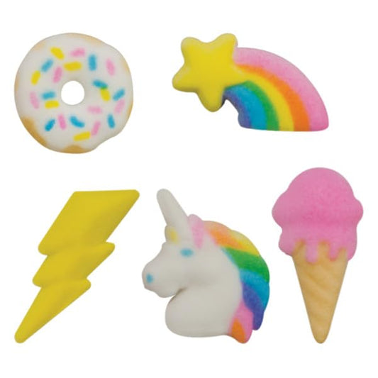 Rainbow Party - Unicorn, Rainbow, Lightening Bolt, Ice Cream Cone, and Donut Edible Sugar Cake Toppers, 12 Count