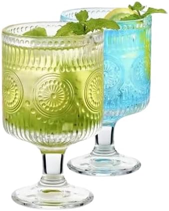 Vintage Goblet Glasses Set of 2, 8oz Embossed Floral Wine Glasses, Clear Glass Cups for Tea, Wine, Beer, or Cocktails (Set of 2)