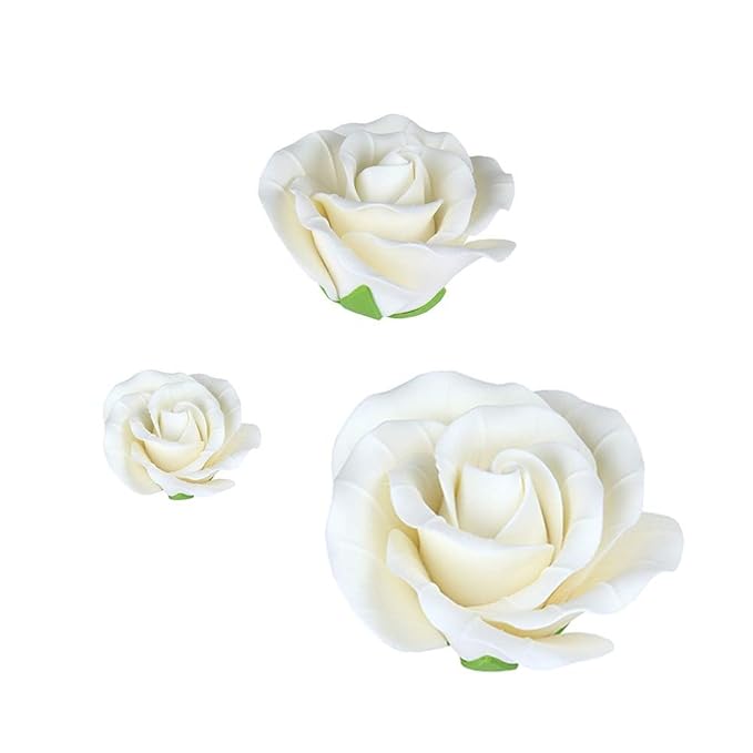 O'Creme Garden Roses Gumpaste Flower Set - White Edible Flowers for Cake Decorating - Sugar Paste Flowers for Cakes, Candy, Cupcake Toppers - Birthday, Wedding, Valentines, Baby Shower