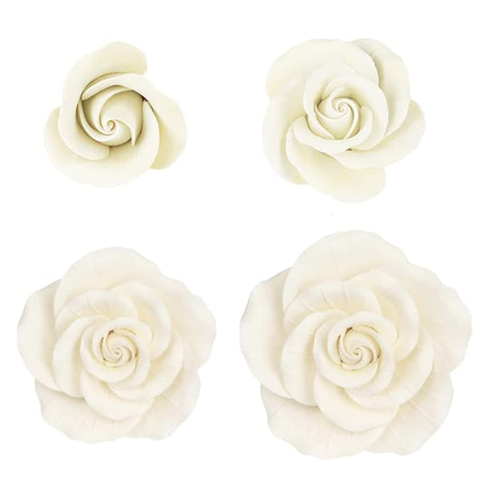 O'Creme Garden Roses Gumpaste Flower Set - White Edible Flowers for Cake Decorating - Sugar Paste Flower Decorations for Cakes, Candy, Cupcake Toppers - Birthday, Wedding, Valentines Day, Baby Shower