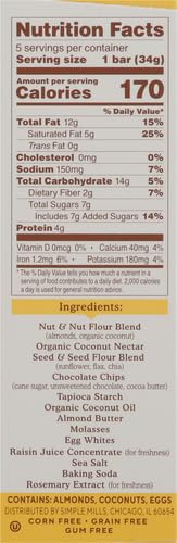 Simple Mills Soft Baked Dark Chocolate Almond Flour Bars, 5 ct, 1.19 oz each (Pack of 2)